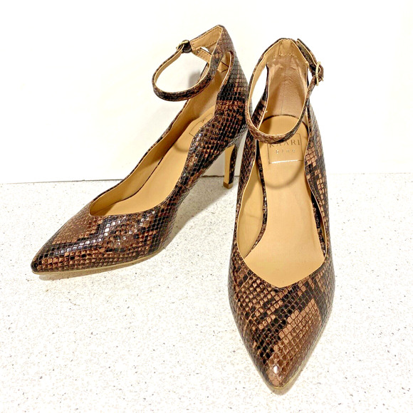 Kaari Blue Lillian Ankle Strap High Heel Pumps Brown Faux Snakeskin Sexy US 6.5M - Picture 11 of 11